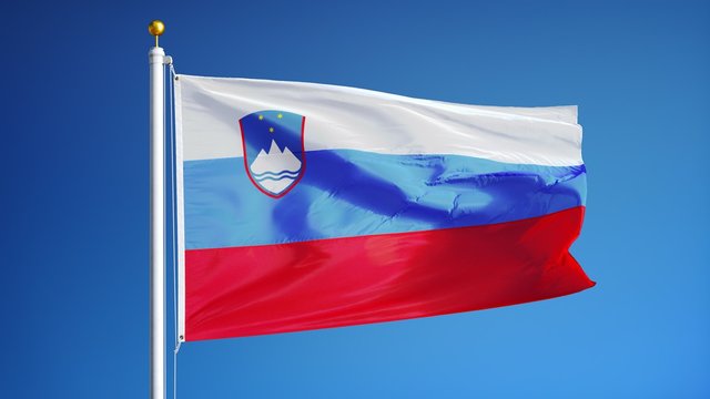 Slovenia flag waving in slow motion against clean blue sky, seamlessly looped, close up, isolated on alpha channel with black and white luminance matte, perfect for film, news, digital composition