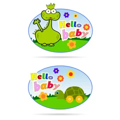 Fotobehang stickers for babies with dino and turtle illustration © dramaj