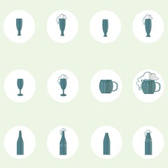 Beer and cider round icon, flat design. Blue icons glasses, cups, mugs, foam on white, light blue background, design element, vector