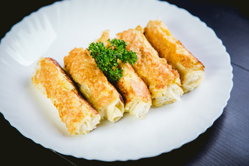 Rolls of cheese and bread, a dish in cafe