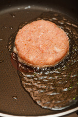 Fresh meat cutlets in a frying panl. CloseUp.