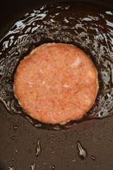 Fresh meat cutlets in a frying panl. CloseUp.