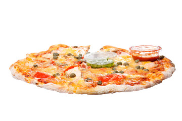 tasty fresh beautiful pizza closeup isolated on white background