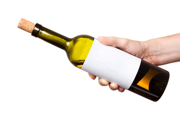 bottle of white wine in his hand isolated on white background