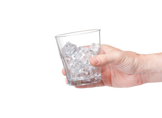 large glass for whiskey with ice in his hand isolated on white b