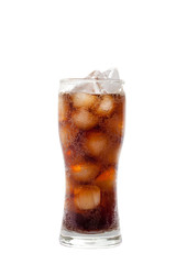 tall glass with cola drink with chunks of ice isolated on white