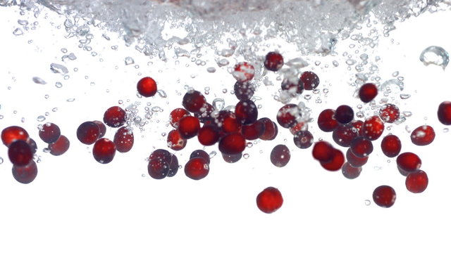 Cranberries splashing into water, slow motion
