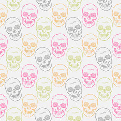 Seamless pattern with  doodle skulls  on a white background