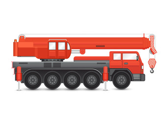 Mobile crane vector design. Industrial machine equipment or vehicle with hoist, hook, rope and hydraulic telescopic boom for service, erection and lifting heavy load in building construction site.