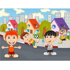 Obraz na płótnie Canvas Children playing on the street cartoon