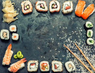 Sushi rolls, maki, nigiri. Asian japanese food background