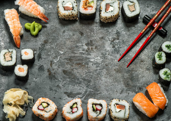 Traditional japanese food. Sushi rolls, nigiri, salmon, wasabi