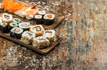 Traditional japanese food. Sushi rolls, maki, nigiri