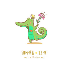 Summer card with cute cartoon  crocodile. Butterfly and flower.  Summer time. Vector image.