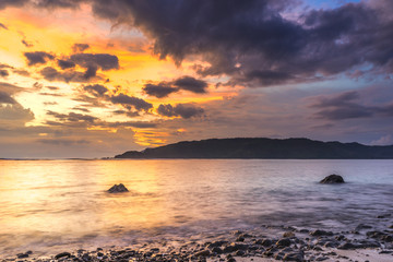 Natural green moss at beach rock with sunset moment background. Focused at foreground.