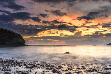 Obraz premium Natural green moss at beach rock with sunset moment background. Focused at foreground.