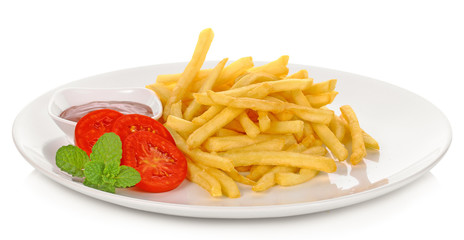French fries with ketchup on white background.