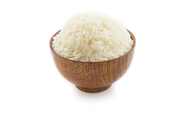 Wooden bowl full of Jasmine rice on white background. Thai rice