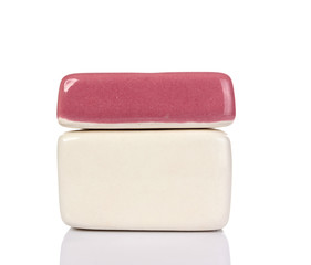 rustic glazed earthenware jars isolated on white background