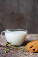 oatmeal cookies on the table milk in a glass cup and spring bran