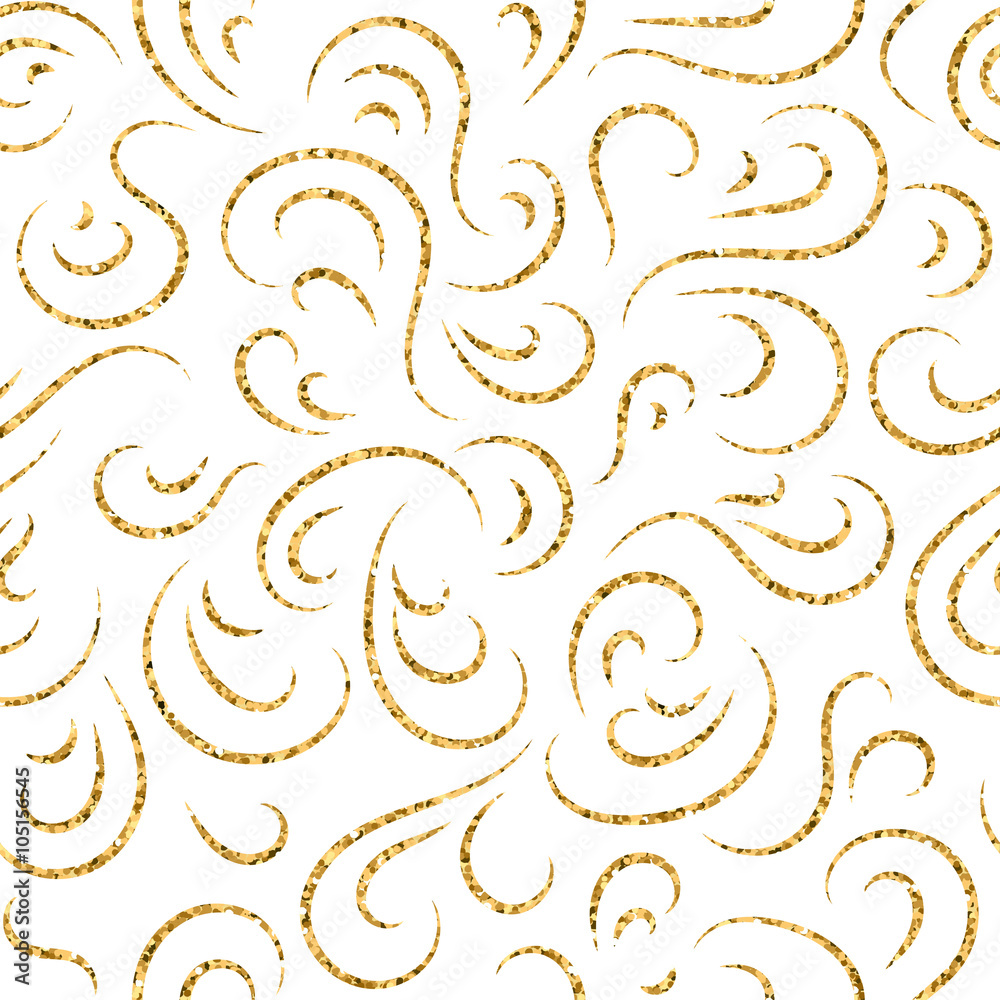 Wall mural gold wave seamless pattern. draw golden swirl glitter on white background. abstract wavy texture. re