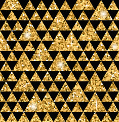Triangle seamless pattern. Gold glitter black template. Abstract geometric texture. Golden art. Modern decoration. Design template for wallpaper, wrapping, fabric, background etc. Vector Illustration.