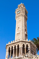 Fototapeta premium Old clock tower under blue sky, Izmir, Turkey