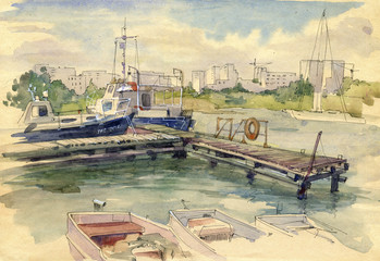 Watercolor landscapes. Views overlooking the old wharf. Sevastopol, Crimea