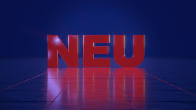 rotes Wort Neu in 3D vor blauem Hintergrund und glänzendem Boden in FullHD