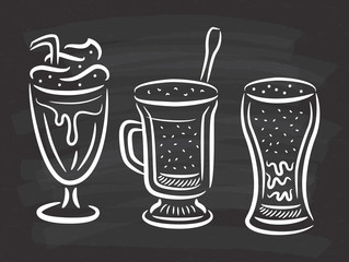 set of coffee with whipped cream in doodle style on chalkboard background