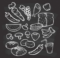 Set of hand drawn healthy food on chalkboard background