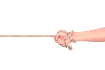 close up of hand pulling a rope on white background with clippin