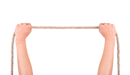 close up of hands pulling a rope on white background with clippi