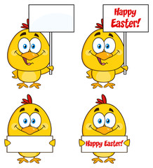 Yellow Chick Cartoon Character 7. Collection Set Isolated On White