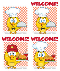 Yellow Chick Cartoon Character 8. Collection Set Isolated On White
