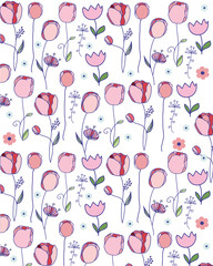colorful vector drawing flowers tulips with green leaves on a white background