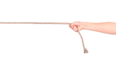 close up of hands pulling a rope on white background with clippi