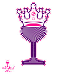 Elegant wineglass with king crown, artistic vector goblet. Imper