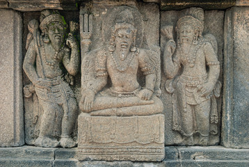A sculpted relief panel at the Prambanan Hindu temple, a UNESCO World Heritage site in Central Java, Indonesia.