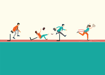 Business people running  and jumping hurdles on red rubber track