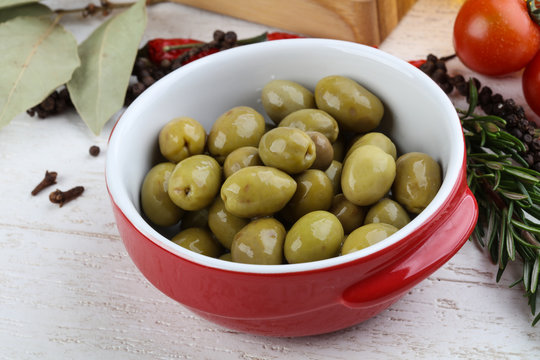 Green olives in the bowl