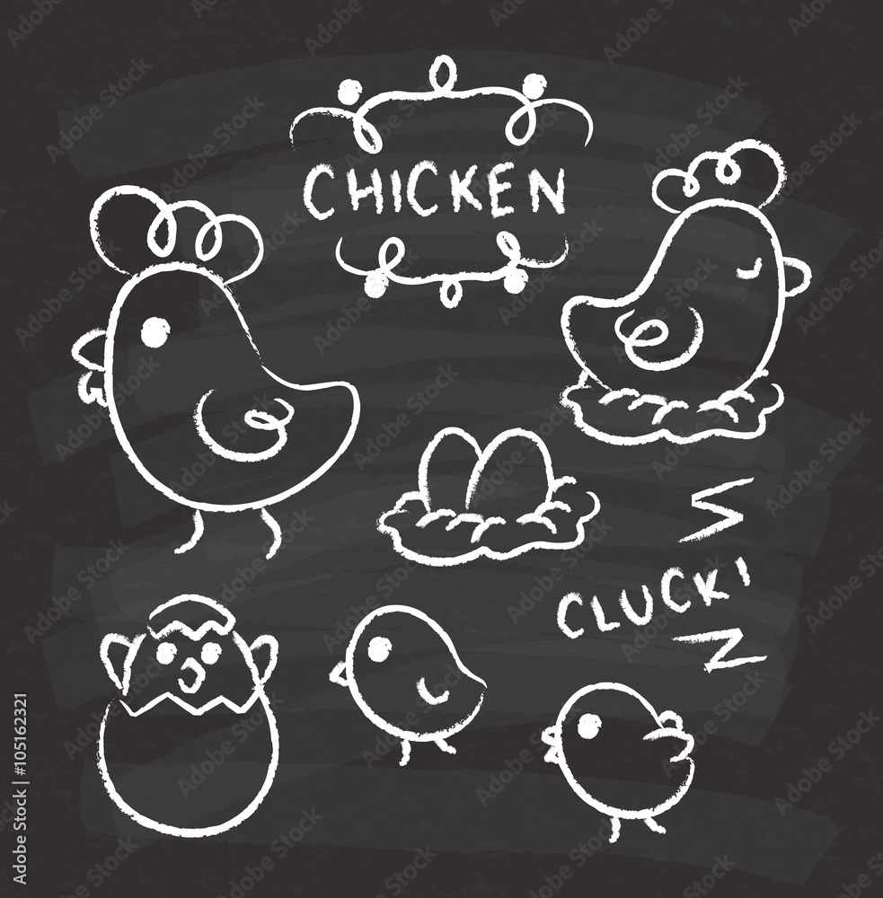 Wall mural Cartoon chicken doodle on chalkboard background