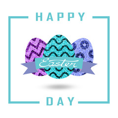 Greeting card with day of Easter. Glittering golden eggs and wor