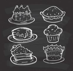 Set of hand drawn cake on chalkboard background