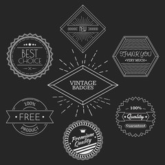Guarantee, quality, thank you, best choice vintage retro badges white on black chalkboard background. Vector illustration.