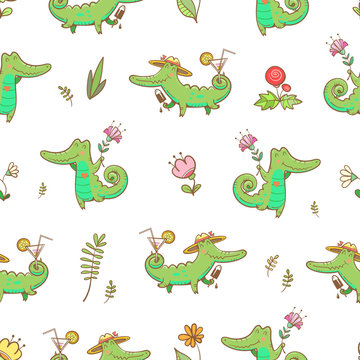 Summer seamless pattern with cute carton crocodiles, ice cream and cocktails.Animals and flowers on  white background. Vector image.