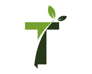 T green leaves letter swoosh ecology logo  - obrazy, fototapety, plakaty