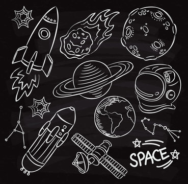 Set of space themed doodle on chalk board