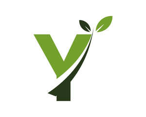 Y green leaves letter swoosh ecology logo  - obrazy, fototapety, plakaty