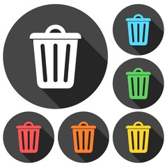 Trash bin or trash can symbol icons set with long shadow